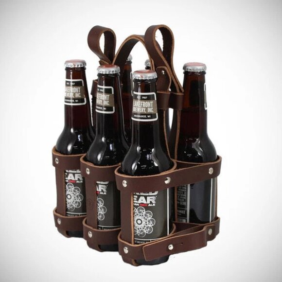 Leather Six Pack Beer Bottle Carrier for Bike - Brown - Picture 4 of 4